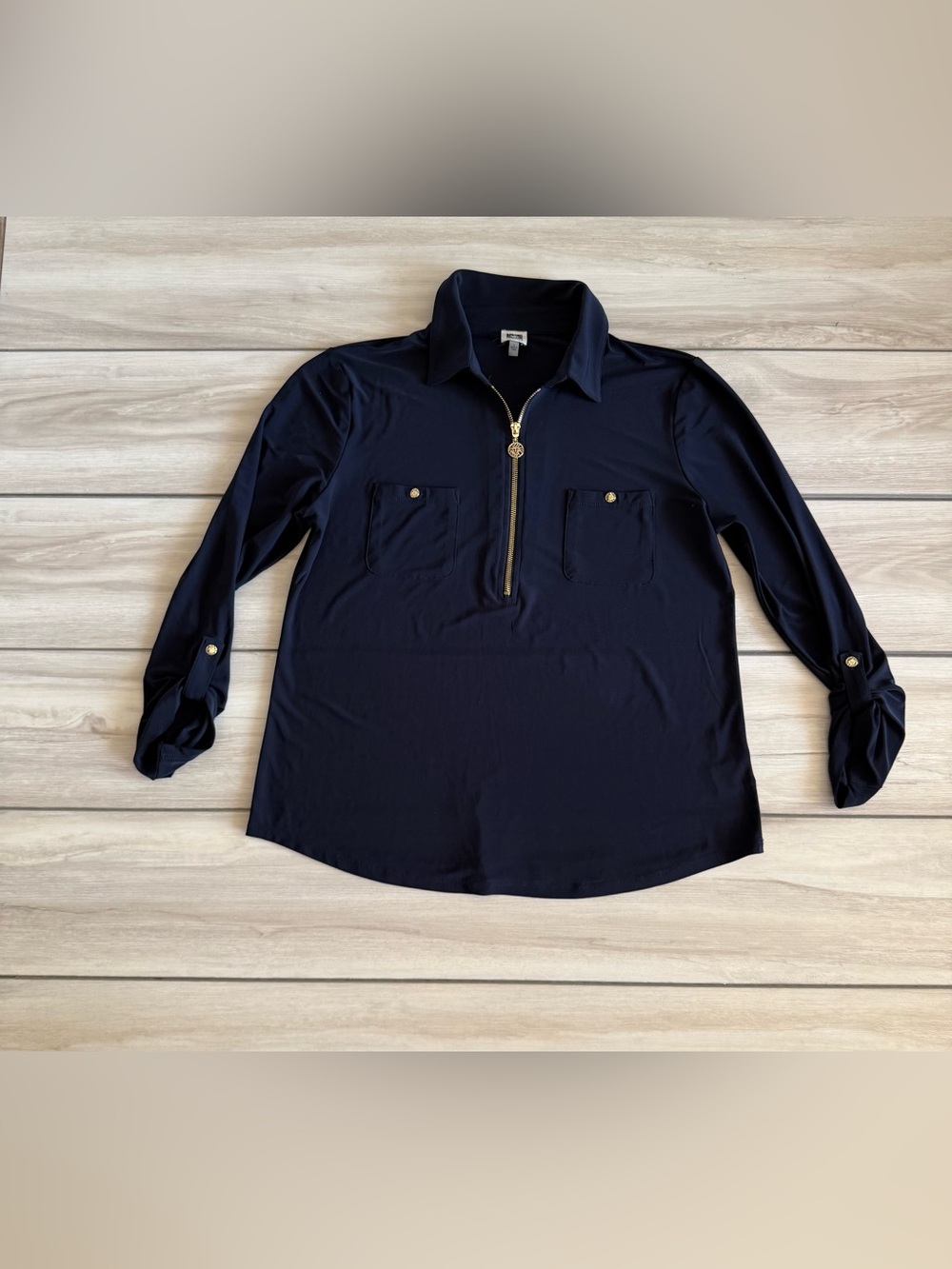 Anne Klein Navy Stretchy Shirt with Gold Accent Navy Large EUC